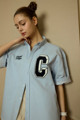 Navy C Patch Light Blue Denim short-sleeved Shirt [Unisex]