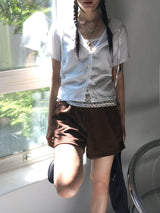 Weving see-through side shirring pleated hooded short-sleeved cardigan