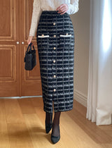 [Two-piece set] Rosy color matching knit cardigan banding skirt set