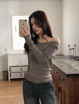 Feminine Border Cotton Boat Neck T-shirt (5color)