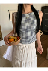 ブルーチェックバックレスリボンスリーブレスtシャツ