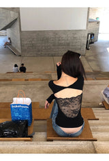 バックレスレースポイントブラック長袖シャツ