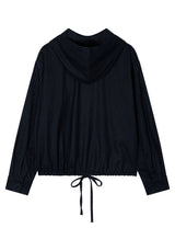 ストライプ ラッフル フーデッド シャツ(NAVY)
