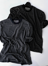 Black & Charcoal Muscle Fit Striped Short Sleeve