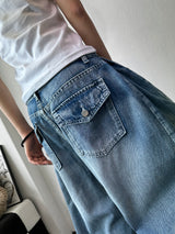Truegen Button Waistband Side Pintuck Balloon Denim Pants 4color