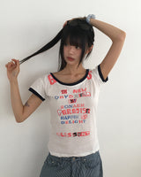プリーツオフショルダーレタリングプリントカラーリング半袖Tシャツ