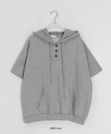 ハカンジチェックカラーボタンフード半袖Tシャツ