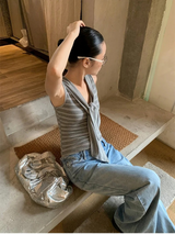 グレー ストライプ ストラップ ノースリーブ Tシャツ