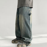 Oil waistband deep-washed capanger denim wide pants (3 colors)