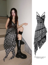 Black Checkered Lace Unbalanced Sleeveless Long Dress