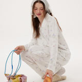 Cupid Print Knit Pajama Set – Light Blue Long Sleeve & Pants | Ultra-Soft Anti-Wrinkle Sleepwear