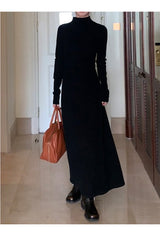 Half Turtleneck Black Flared Long Dress