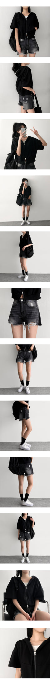 Demo two-way short-sleeved hooded zip-up
