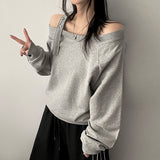 新しいVアンバランスオフショルダースナップストラップスウェットシャツ