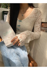 レースブルーリボンツーピース長袖Tシャツ
