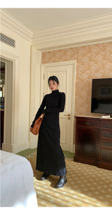 Half Turtleneck Black Flared Long Dress