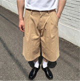 Wide Cotton Pleated Bermuda Shorts Beige