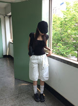 Bogi Shirring Flower Embroidery Slim Short Sleeve T-shirt