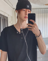 Nebi Shoulder Snap Henley Neck Short Sleeve T-shirt
