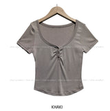 [U-BASIC] Slow button V-neck short sleeve