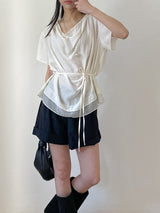[Short Sleeve Version] Drape Color Matching Loose Fit Blouse