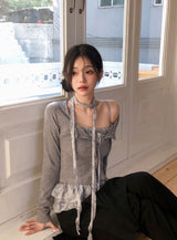 BN Check Frill Bustier + Cardigan + Tie Set (3color)