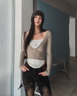 Ash Ribbed Deep Button Layered Long Sleeves