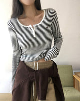 Color-Blocked Henley Neck Stripe T-Shirt