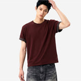 ロールスリーブクロップド半袖Tシャツ バーガンディ