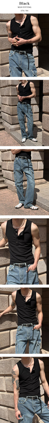 [BASIC ITEM] Henry neck botton sleeveless(3color)