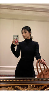 Half Turtleneck Black Flared Long Dress