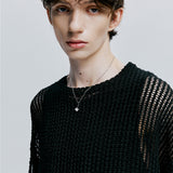 [SET] フィッシュネットロングスリーブニット＆スタンダードフィットタンクトップ　ブラック