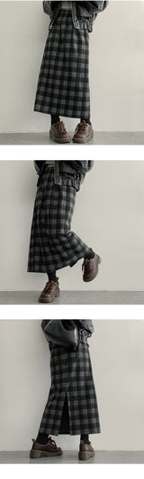 Zinya Back Slit Checkered Long Skirt