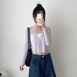 Eyelet See-through V-neck Cropped Cardigan (7 colors) #Salantem