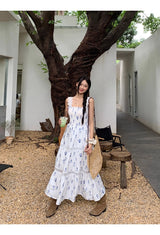 Blue Flower Cotton Sleeveless Long Dress