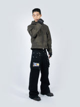 Curved Hood Leather Jacket (Khaki Black)