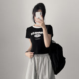フランカー フラッフィー レタリング ネック カラーリング クロップ ショートスリーブ Tシャツ (3 colors)
