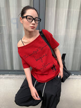 レタリングワンショルダーオフショルダーオーバーフィット半袖Tシャツ