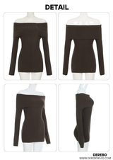 Deep Brown V-neck Off-Shoulder Long-Sleeved Top