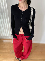 Chewing Ribbed Button Round Neck Long Sleeve Cardigan