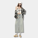 Minimalist Light Wash Slit Denim Maxi Skirt