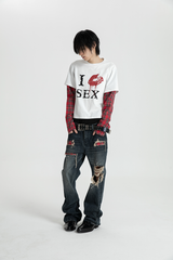 SEXXDEVIL "I LOVE 3EX"レッド プレイド レイヤードTシャツ