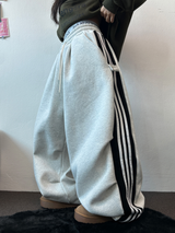 SHEEP FLEECE 🐑🧸 SNAP TRACK 3 LINE PARACHUTE LONG WIDE PANTS 🩶🖤 2COLOR