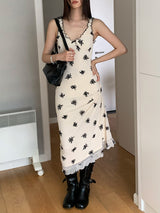 Beige Black Flower Long Dress