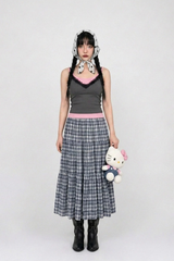 VINTAGE BLUE PLAID TIERED MAXI SKIRT