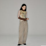 Retro fountain print coffee color stitching knitted contrast mesh bottom