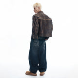 Lettering Wide Denim Pants - BLACK