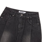 ウォッシングピンタックナッピングワイドフィットデニムパンツ[BLACK]