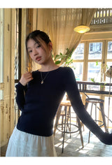 バックホワイトボウロングスリーブニットTシャツ