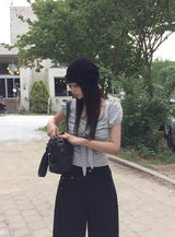 Asso Stripe Lace Puff Bolero Slim Short Sleeve T-Shirt